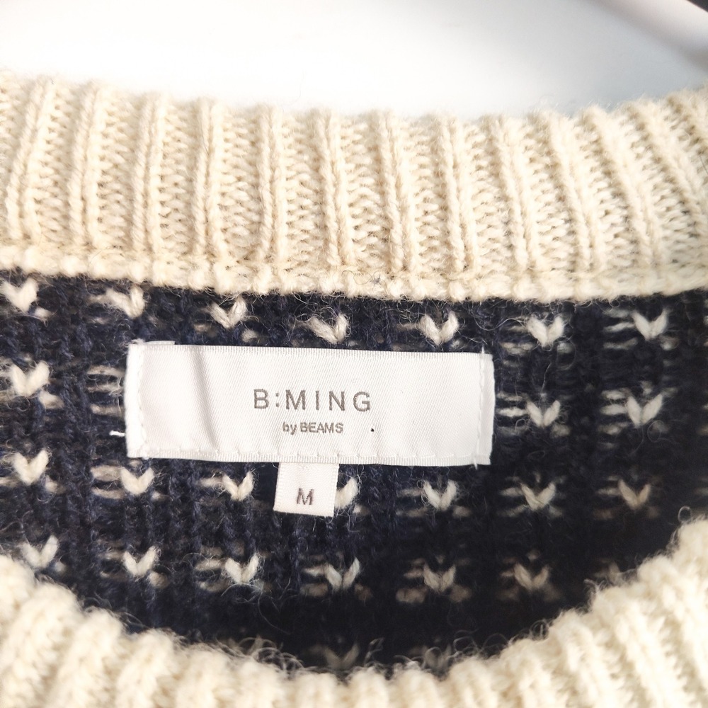 B'ming Beams Sweater Medium Wool Blend Birds Eye Knit Crewneck Cream Pullover - Picture 3 of 7